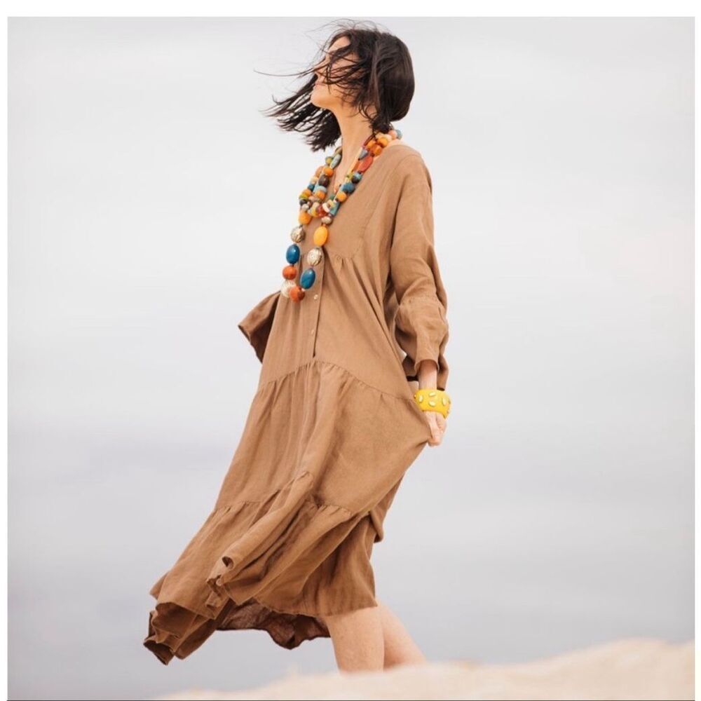 Becasa Bronze Grand Palm Maxi Dress New with Tags OS 100% Linen